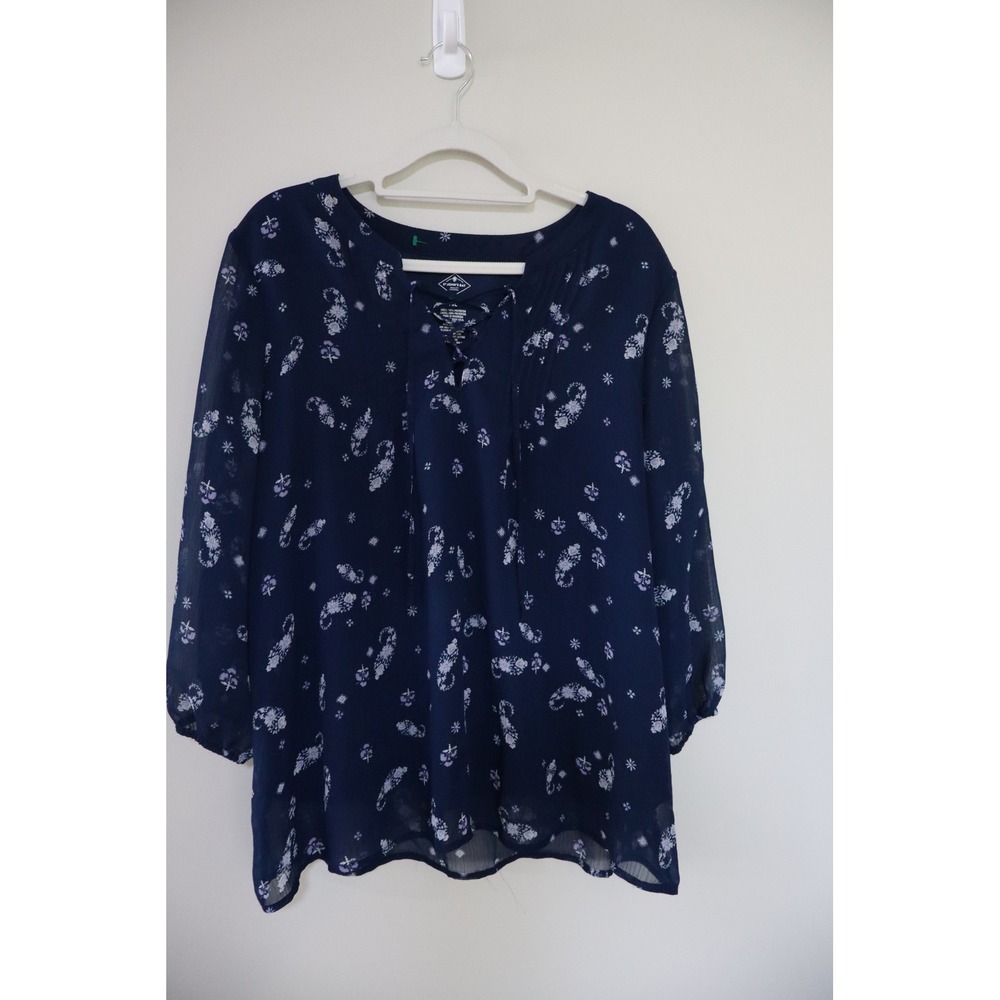 Boho Cottagecore St John's Bay Blouse PXL Navy Floral Paisley Lace Up Top